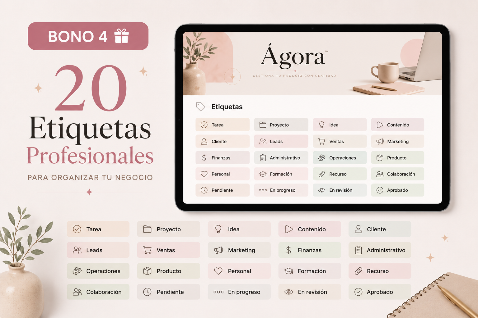 20 Etiquetas Profesionales · Bono incluido en Ágora™